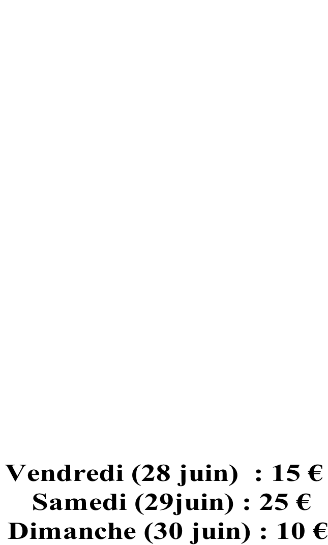 FORFAIT  WEEK END    28-29-30 juin:   45 € (Avec camping  pour toile de tente  gratuit et  packaging offert  selon  stock disponible)      Vendredi (28 juin)  : 15 €   Samedi (29juin) : 25 €  Dimanche (30 juin) : 10 €